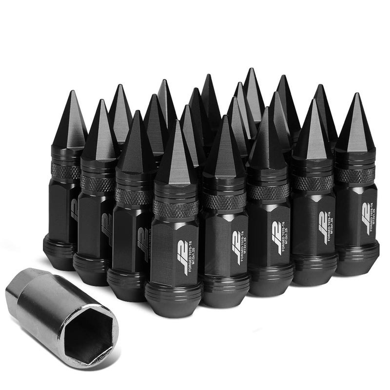 J2 Engineering LN-T7-022-125-BK 20Pcs M12 x 1.25 7075-T6 Aluminum 80mm Spiked Cap Lug Nut w/Socket Adapter (Black) - Image 1